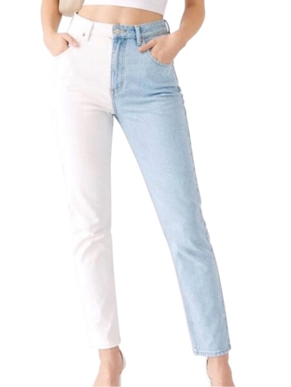 Adika Two-Tone Jeans White & Light Wash Denim High Rise Straight Leg